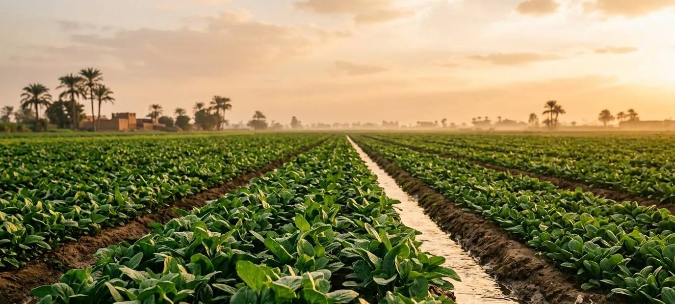 Green fields stretching across the Nile Delta at sunrise
