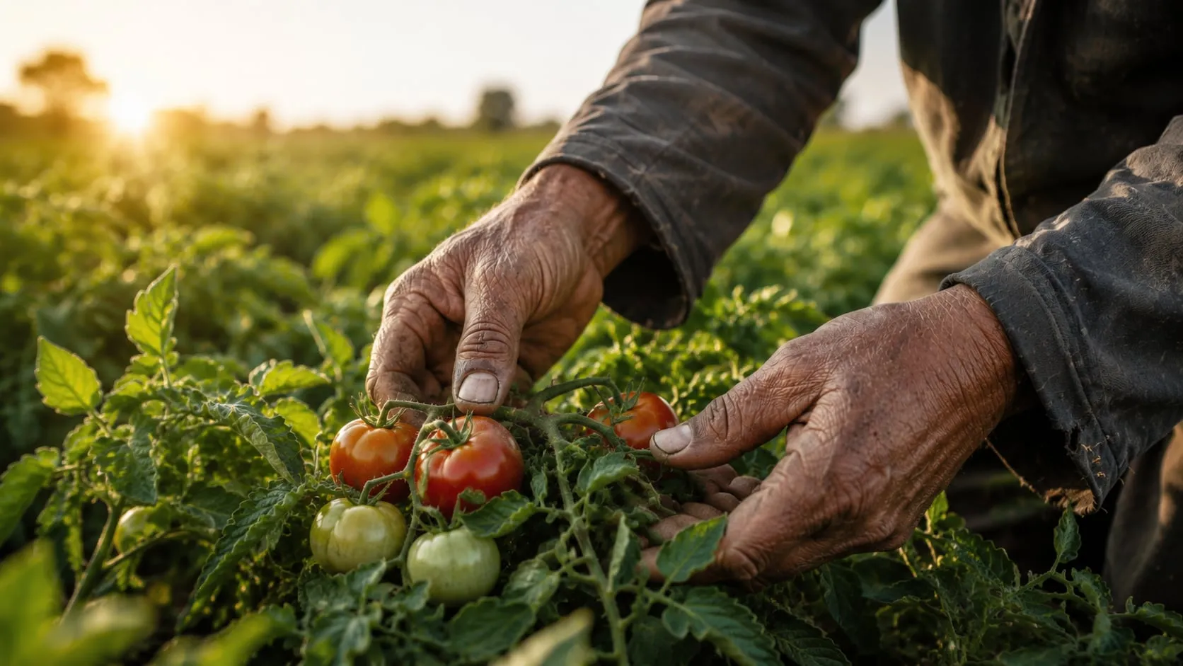 A farmer's hands picking ripe tomatoes in the field