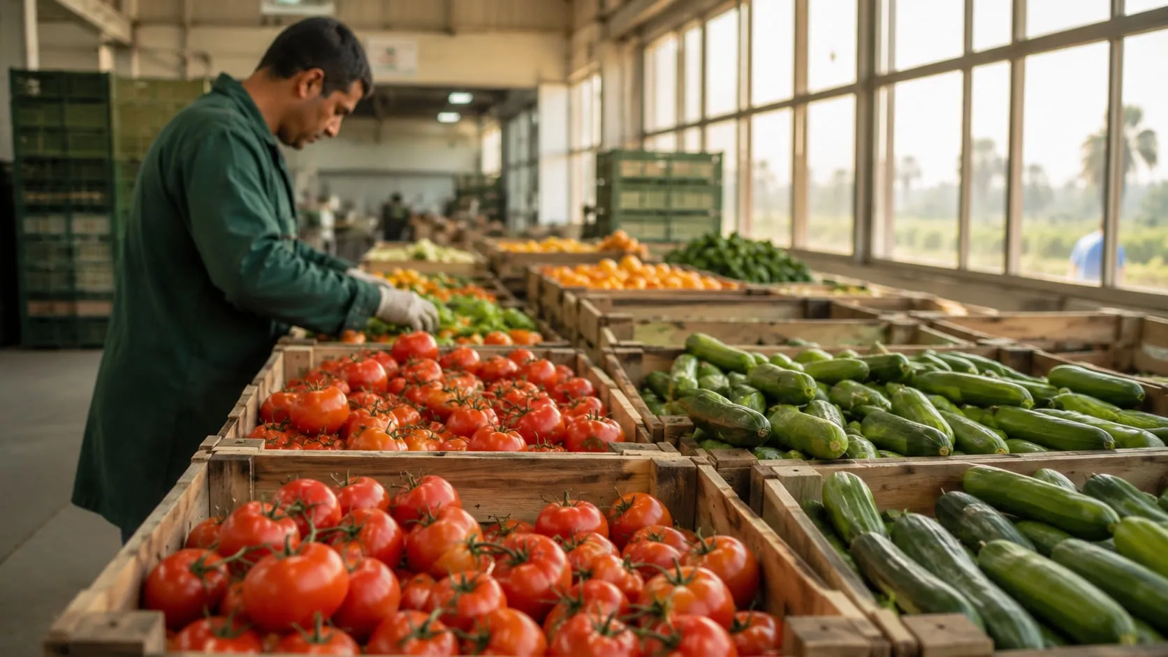 Sorting and packing hall with crates of tomatoes and cucumbers